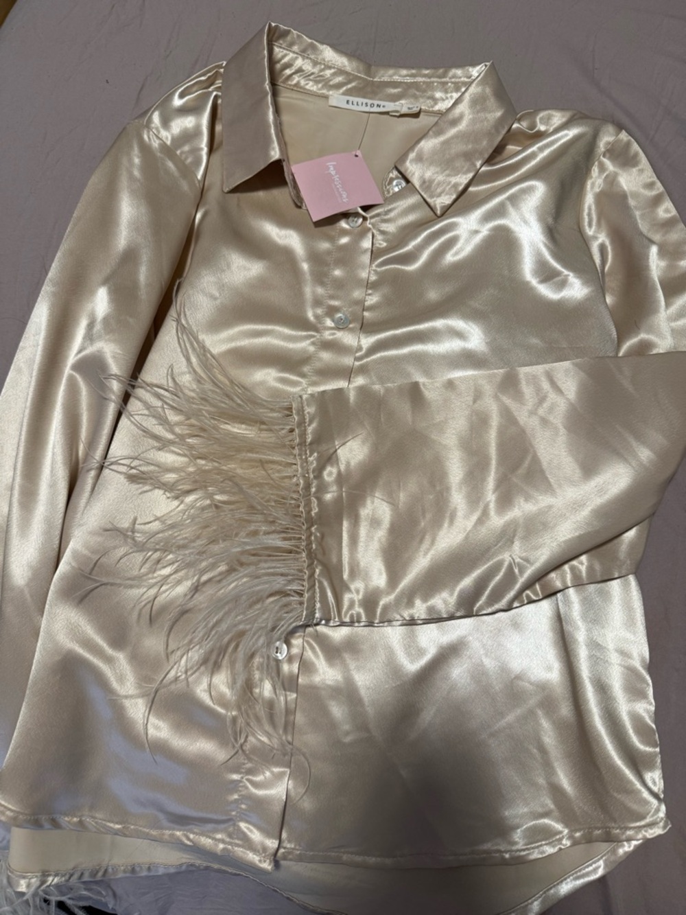 Ellison Champagne Satin Feather-Trim Button-Front Jacket